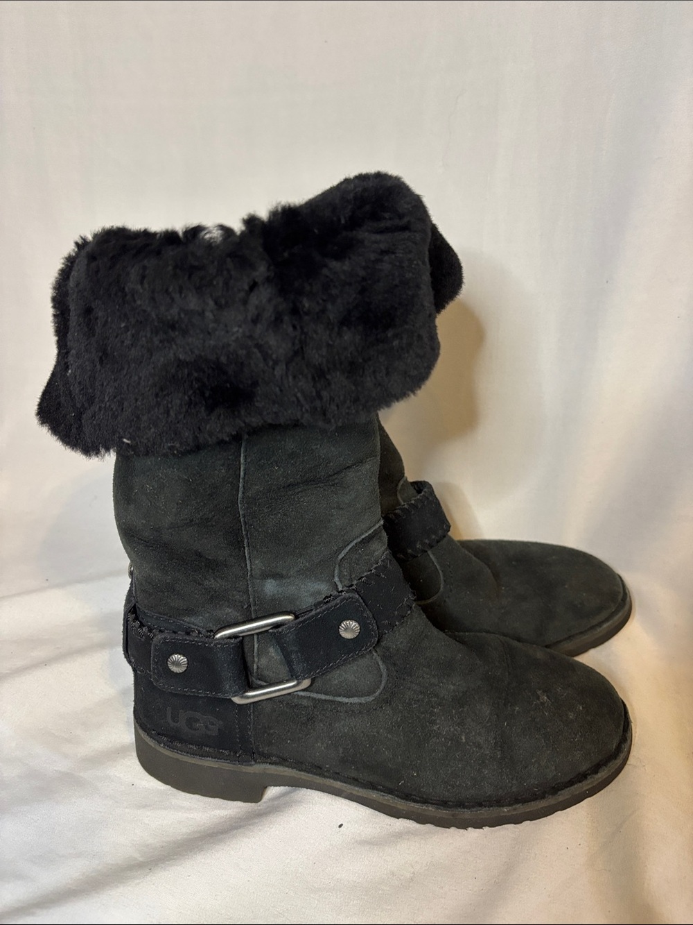 Ugg Braiden Black Suede Shearling Tall Zip Up Boots Size 6